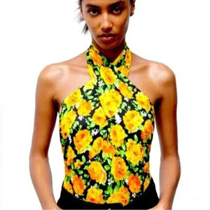 ZARA Cross Front Halter Bodysuit Yellow Roses Floral Print Size M NWT